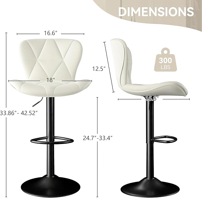 Adjustable Swivel Barstools, White Faux Leather