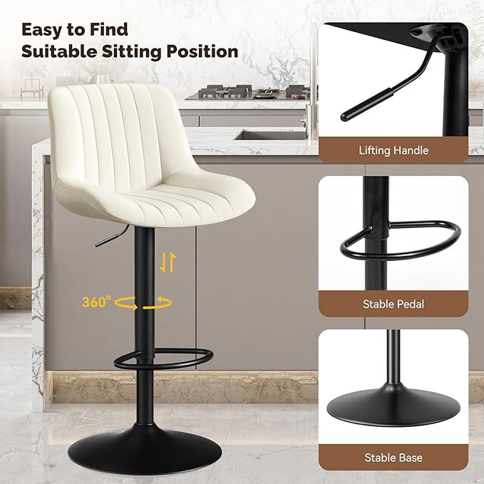 Adjustable Swivel Bar Stools, L, Off-White Fabric