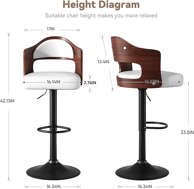 Adjustable Swivel Barstools, White Faux Leather