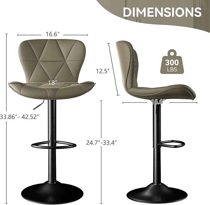 Adjustable Swivel Barstools, Dark Khaki Faux Leather