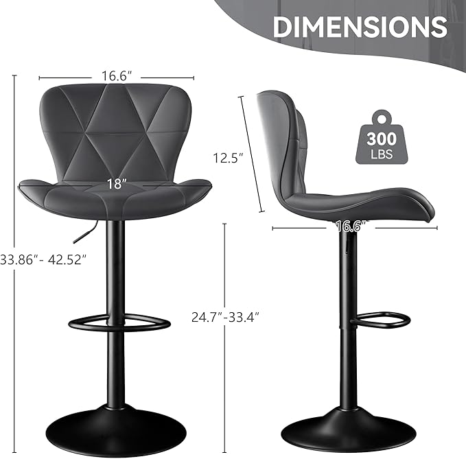 Adjustable Swivel Barstools, Dark Grey Faux Leather