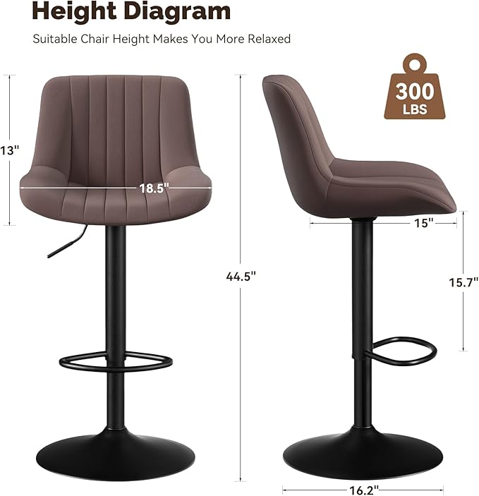 Adjustable Swivel Bar Stools, L, Dark Brown Fabric