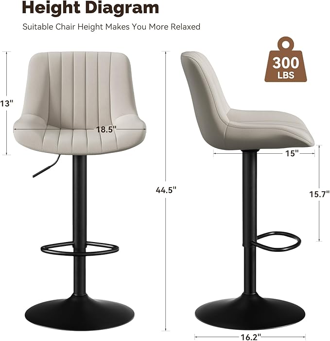 Adjustable Swivel Bar Stools, L, Light Gray Fabric