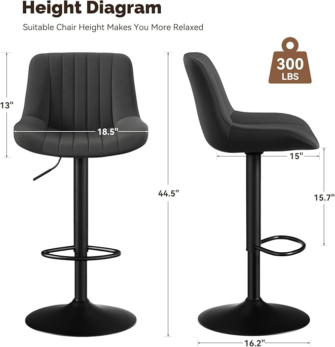 Adjustable Swivel Bar Stools, L, Black Fabric