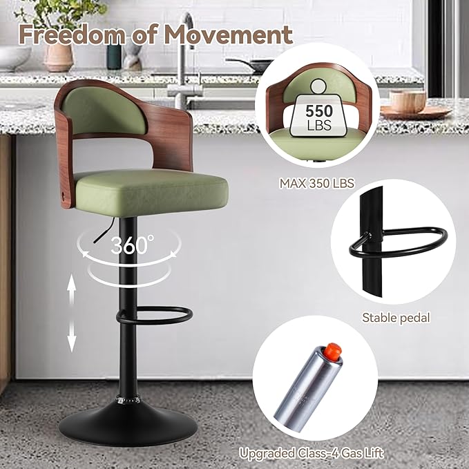 Adjustable Swivel Barstools, Green Faux Leather