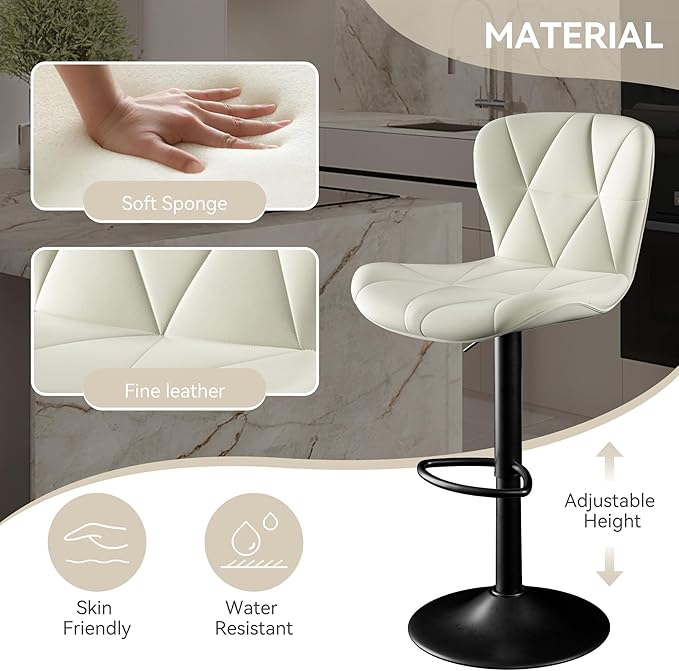 Adjustable Swivel Barstools, White Faux Leather