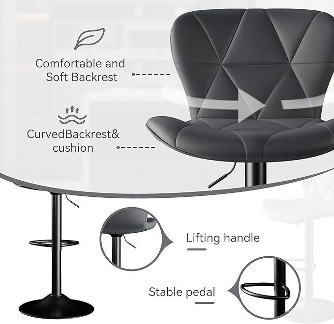 Adjustable Swivel Barstools, Dark Grey Faux Leather