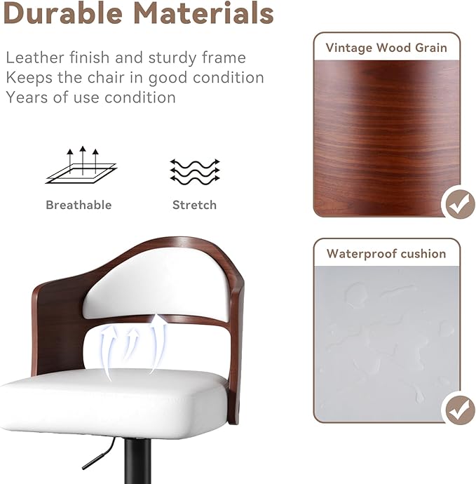 Adjustable Swivel Barstools, White Faux Leather