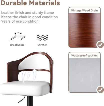 Adjustable Swivel Barstools, White Faux Leather