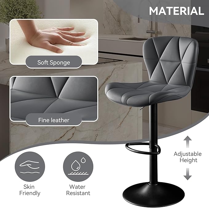 Adjustable Swivel Barstools, Dark Grey Faux Leather