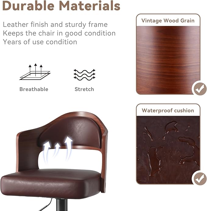 Adjustable Swivel Barstools, Brown Faux Leather