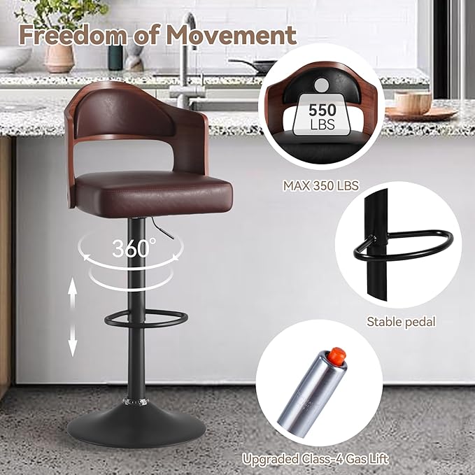 Adjustable Swivel Barstools, Brown Faux Leather