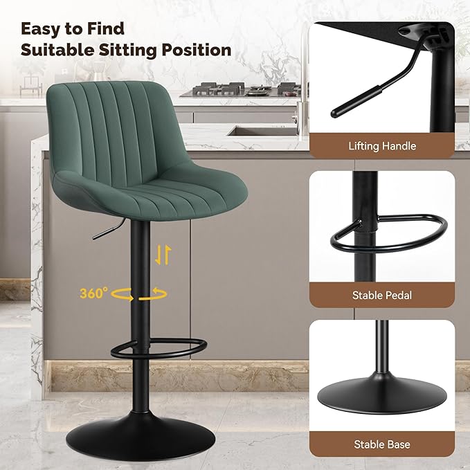 Adjustable Swivel Bar Stools, L, Dark Green Fabric