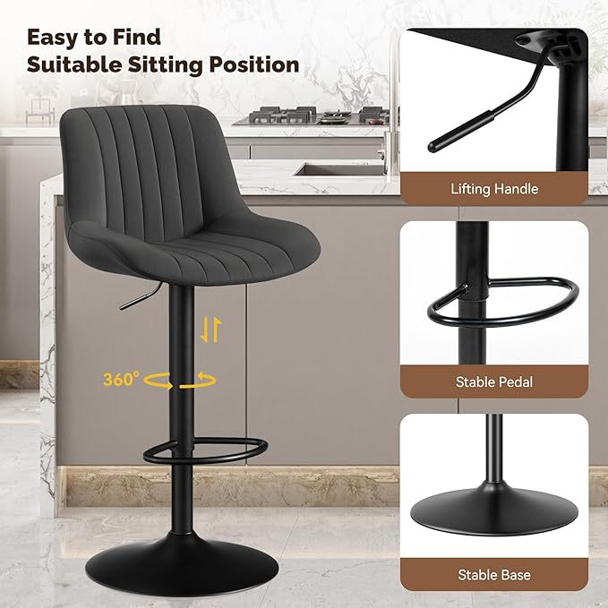 Adjustable Swivel Bar Stools, L, Black Fabric
