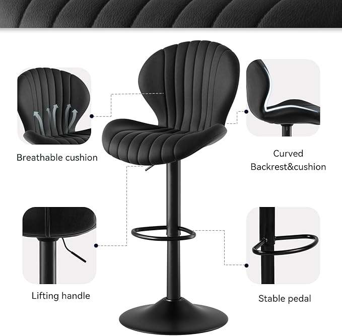 Adjustable Swivel Barstools, Black fabric