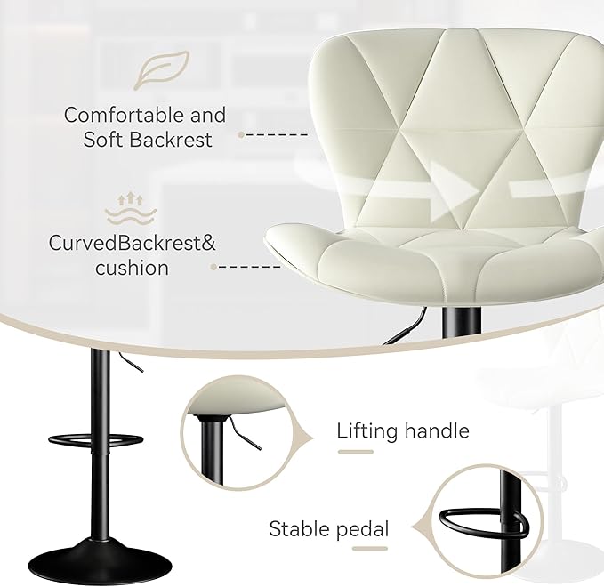 Adjustable Swivel Barstools, White Faux Leather