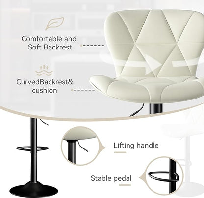 Adjustable Swivel Barstools, White Faux Leather