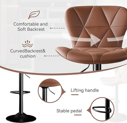 Adjustable Swivel Barstools, Brown Faux Leather