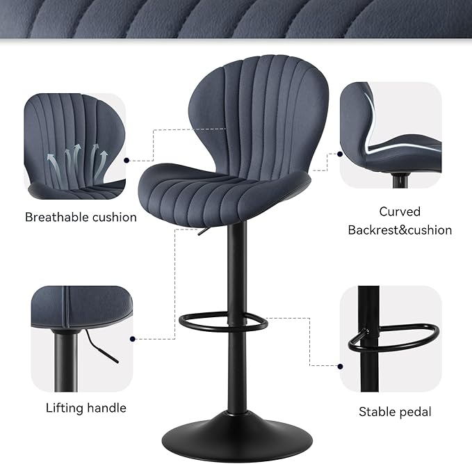 Adjustable Swivel Barstools, Dark Grey fabric