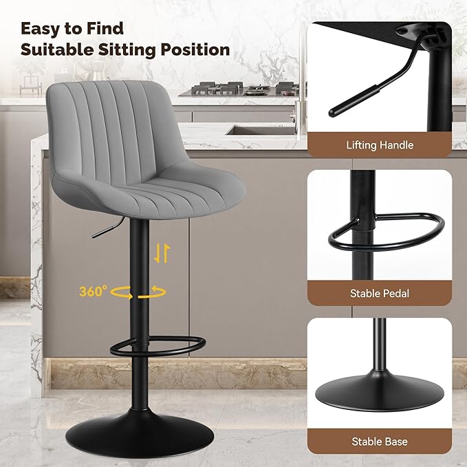 Adjustable Swivel Bar Stools, L, Dark Grey Fabric