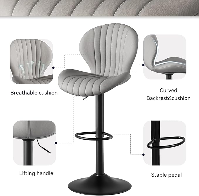 Adjustable Swivel Barstools, Light Grey fabric
