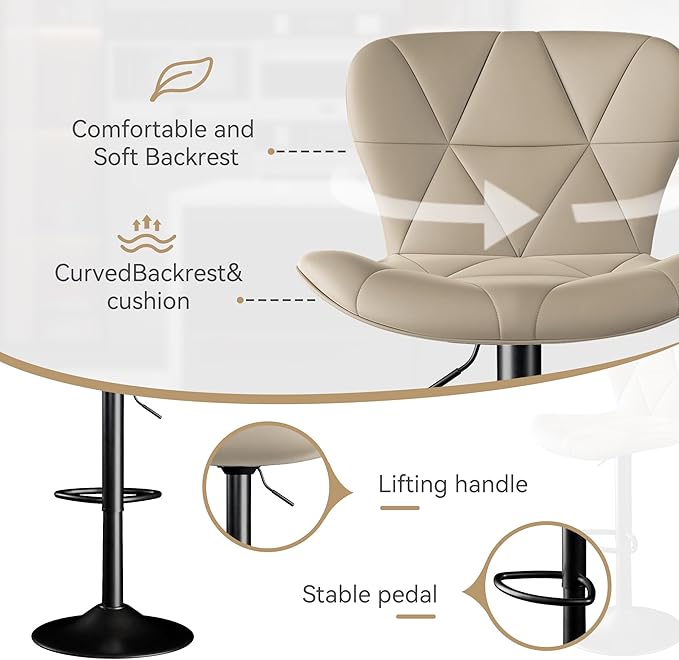 Adjustable Swivel Barstools, Khaki Faux Leather
