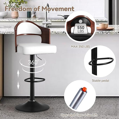 Adjustable Swivel Barstools, White Faux Leather