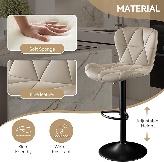 Adjustable Swivel Barstools, Khaki Faux Leather