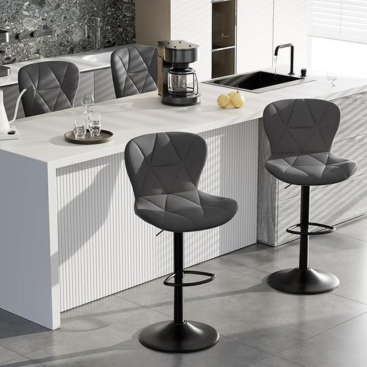 Adjustable Swivel Barstools, Dark Grey Faux Leather