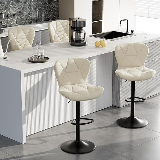 Adjustable Swivel Barstools, White Faux Leather
