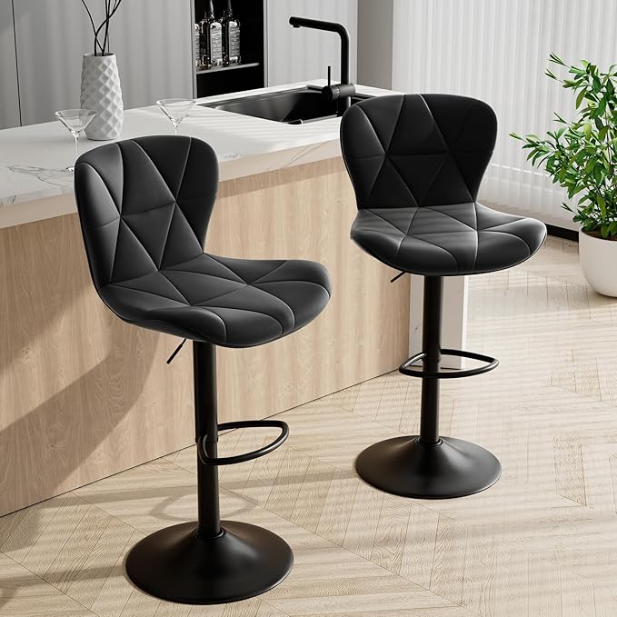Adjustable Swivel Barstools,Black Faux Leather