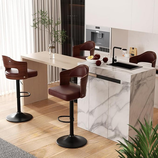 Adjustable Swivel Barstools, Brown Faux Leather