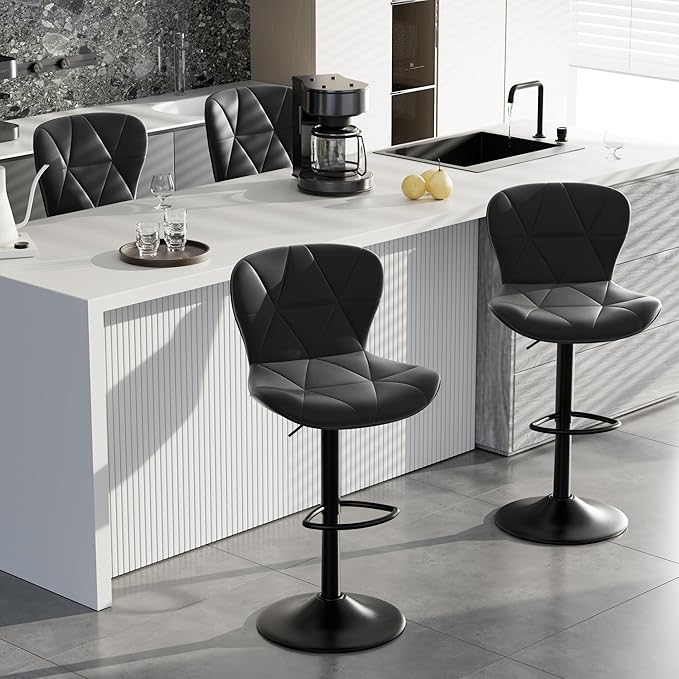 Adjustable Swivel Barstools,Black Faux Leather