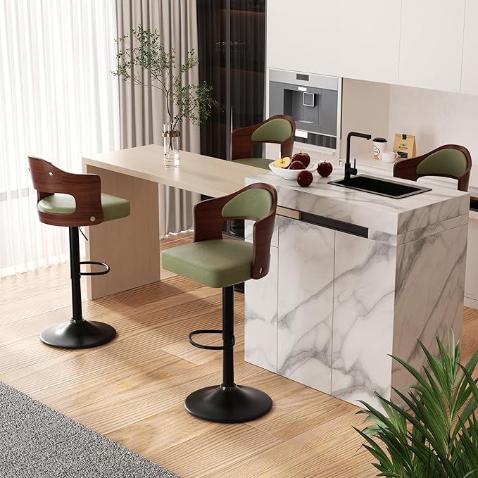 Adjustable Swivel Barstools, Green Faux Leather