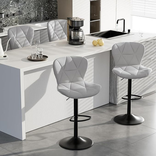 Adjustable Swivel Barstools, Light Grey Faux Leather