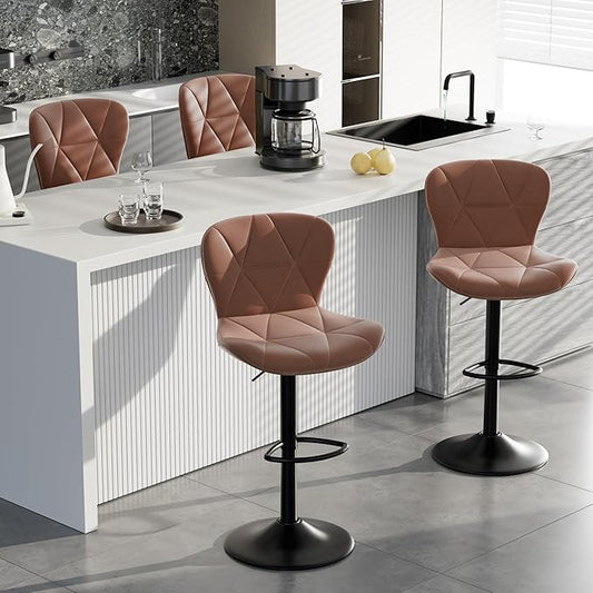 Adjustable Swivel Barstools, Brown Faux Leather