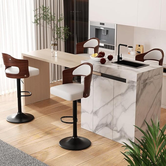 Adjustable Swivel Barstools, White Faux Leather