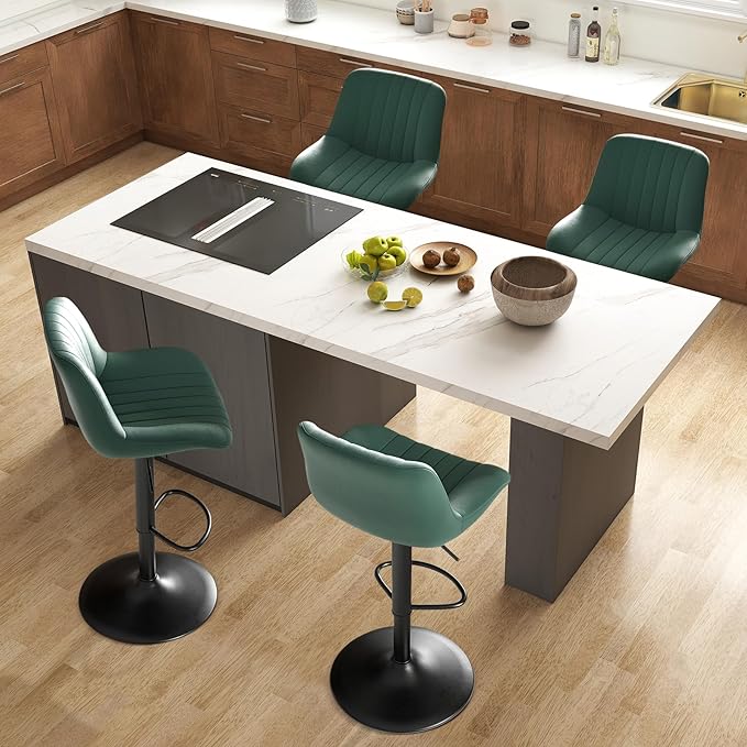 Adjustable Swivel Bar Stools, L, Dark Green Fabric