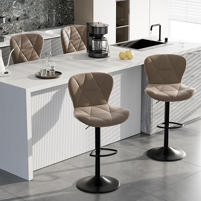 Adjustable Swivel Barstools, Dark Khaki Faux Leather